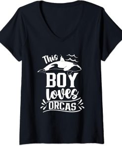 Womens This Boy Loves Orcas Sea Orca Whale Protect V-Neck T-Shirt