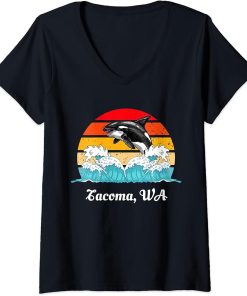 Womens Vintage Tacoma WA Distressed Orca Killer Whale Art V-Neck T-Shirt