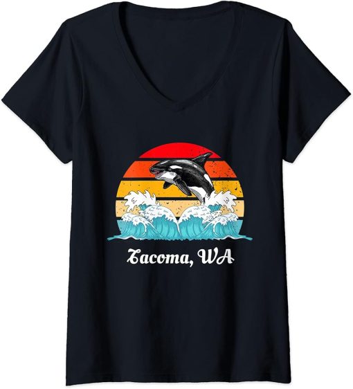 Womens Vintage Tacoma WA Distressed Orca Killer Whale Art V-Neck T-Shirt